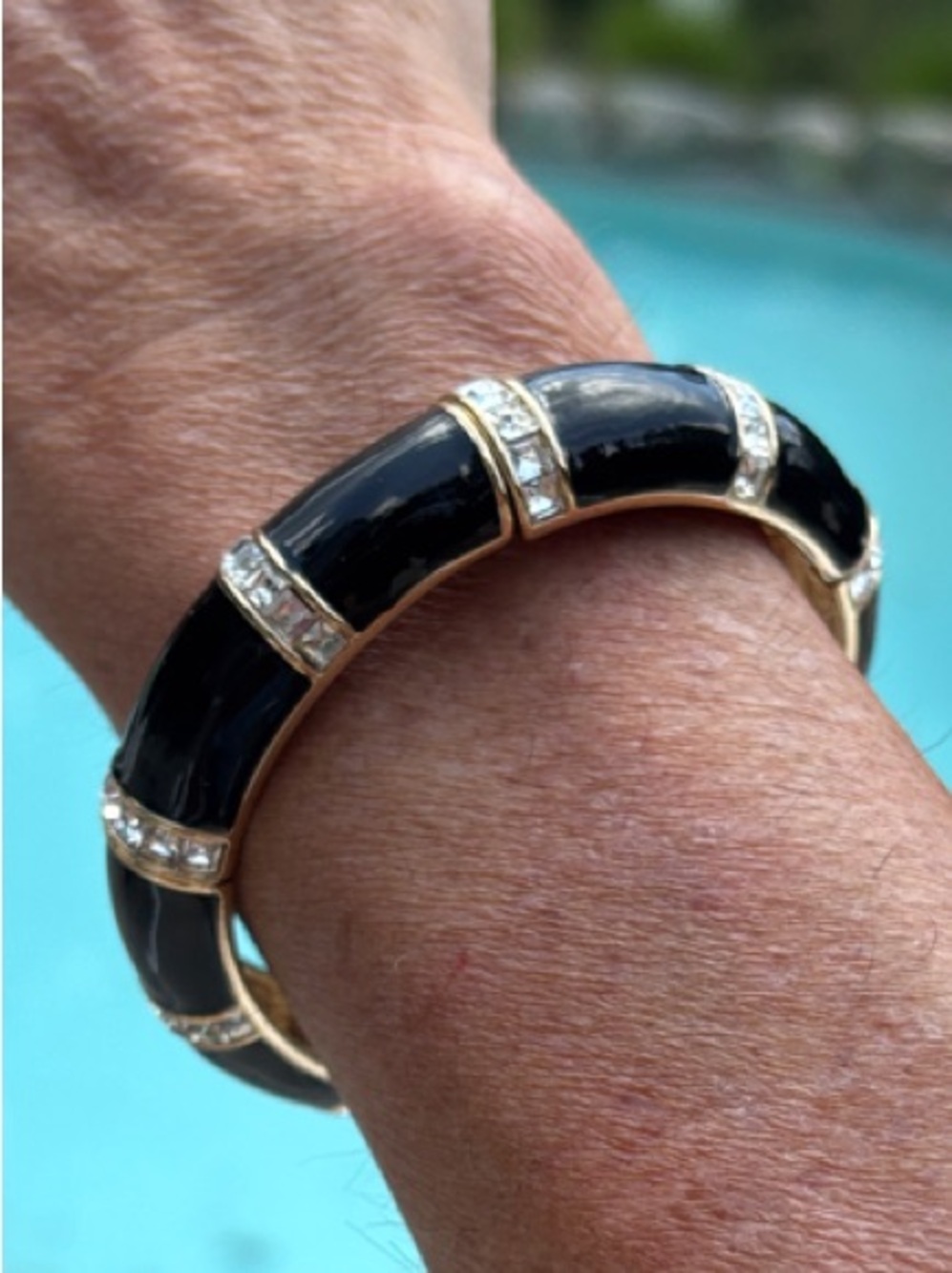 Park Lane “Bombshell” Bangle Bracelet Black and Gold Enamel with Clear Crystals